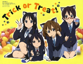 Rule 34 | 00s, 4girls, absurdres, akiyama mio, animal ears, baby animal, black hair, brown eyes, brown hair, candy, cat, cat ears, food, glasses, grey eyes, halloween, highres, hirasawa yui, k-on!, kitten, light brown hair, manabe nodoka, moe (phrase), multiple girls, nakano azusa, official art, pantyhose, pet food, pocky, red-framed eyewear, school uniform, semi-rimless eyewear, shoes, smile, trick or treat, under-rim eyewear, uwabaki, yamada naoko