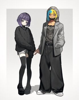 2girls alternate_costume aqua_hair belt belt_buckle black_belt black_pants black_shoes black_sweater black_thighhighs blonde_hair blunt_bangs bob_cut buckle canari_(pokemon) commentary_request dark-skinned_female dark_skin full_body grey_jacket gwynn_(pokemon) hand_in_pocket highres jacket jewelry looking_at_viewer multicolored_hair multiple_girls necklace nintendo open_clothes open_jacket pants plaid_clothes plaid_skirt platform_shoes pokemon pokemon_legends:_z-a purple_eyes shoes short_hair skirt sleeves_past_fingers sleeves_past_wrists sora_no87 split-color_hair standing sweater thighhighs white_shoes