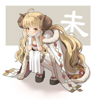 Rule 34 | 1girl, ahoge, anila (granblue fantasy), black sandals, blonde hair, blunt bangs, blush, breasts, cape, closed mouth, commentary request, curled horns, draph, dress, elbow gloves, elbows on thighs, full body, fur-trimmed cape, fur trim, gloves, granblue fantasy, granblue fantasy versus: rising, hands on own cheeks, hands on own face, haniwa (leaf garden), head rest, highres, horns, large breasts, long hair, long sidelocks, looking at viewer, okobo, parted hair, pelvic curtain, platform sandals, sandals, sheep horns, sidelocks, smile, solo, squatting, strapless, strapless dress, tabi, thick eyebrows, thighhighs, two-sided cape, two-sided fabric, very long sidelocks, white cape, white dress, white gloves, white thighhighs, yellow eyes