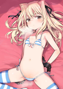 1girl animal_ears arms_behind_back bdsm bikini blonde_hair blush bondage bondage_cuffs bound bound_wrists brown_eyes covered_erect_nipples cuffs expressionless female_focus flat_chest front-tie_top hair_ribbon heavy_breathing loli long_hair looking_at_viewer lowleg lowleg_bikini lying micro_bikini navel on_back original parted_lips pussy pussy_juice pussy_juice_puddle pussy_peek ribbon shackles shimada_fumikane side-tie_bikini_bottom solo spread_legs steam string_bikini striped_bikini striped_clothes striped_thighhighs swimsuit thighhighs