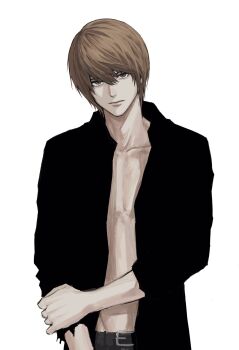 1boy belt black_shirt brown_eyes brown_hair closed_mouth collarbone death_note hand_on_own_arm highres looking_at_viewer male_focus open_clothes open_shirt shirt simple_background solo sso_s upper_body white_background yagami_light