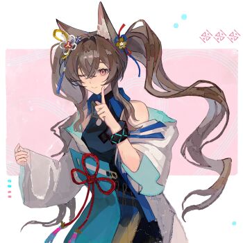1girl absurdres angelina_(arknights) animal_ear_fluff animal_ears arknights arknights:_endfield bare_shoulders blue_coat blue_dress blue_ribbon bracelet breasts brown_hair chinese_knot coat commentary_request dress fox_ears fox_girl gilberta_(arknights) gilberta_(lawson)_(arknights) hair_between_eyes hair_intakes hair_ribbon highres infection_monitor_(arknights) jewelry lawson long_hair long_sleeves looking_at_viewer medium_breasts one_eye_closed orange_eyes pointing pointing_up ribbon solo twintails white_sleeves wide_sleeves yezhi_dun_luobei