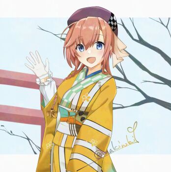 Rule 34 | 1girl, beret, blue eyes, brown hair, commentary request, frilled shirt, frills, grey hat, hat, japanese clothes, kantai collection, kimono, long hair, makinoki, official alternate costume, open mouth, shirt, smile, solo, striped clothes, striped kimono, teruzuki (kancolle), torii, tree, waving, wide sleeveless, yellow kimono