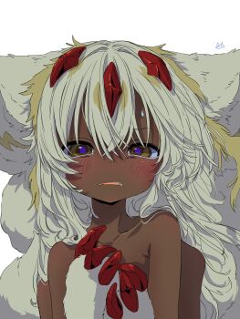 1girl absurdres blonde_hair blush body_fur brown_eyes claws commentary_request crossed_bangs dark-skinned_female dark_skin extra_arms faputa hair_between_eyes highres looking_at_viewer made_in_abyss monster_girl multicolored_hair purple_eyes sekaineko_001 sharp_teeth simple_background solo teeth upper_body white_background white_fur white_hair