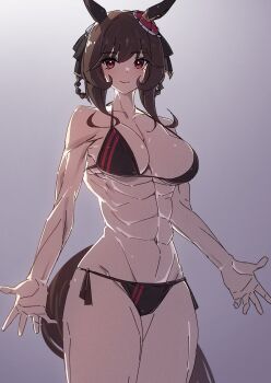 1girl abs bikini black_bikini breasts brown_hair closed_mouth commentary_request cowboy_shot ear_covers gentildonna_(umamusume) gradient_background grey_background highres horse_girl horse_tail large_breasts looking_at_viewer muscular muscular_female navel nouka red_eyes side-tie_bikini_bottom smile solo swimsuit tail umamusume