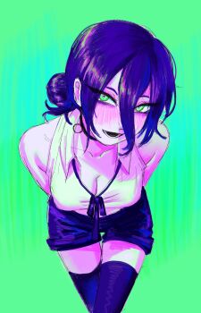 1girl absurdres black_choker blush breasts chainsaw_man choker cleavage collared_shirt green_background grenade_pin hair_between_eyes hair_bun highres leaning_forward neck_ribbon open_mouth purple_hair purple_ribbon purple_shorts purple_thighhighs reze_(chainsaw_man) ribbon rumblyf shirt shorts solo thighhighs white_shirt