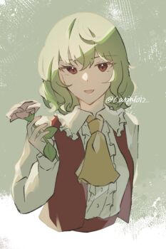 Rule 34 | 1girl, arm up, ascot, carin (c arin1012), center frills, commentary, crossed bangs, flower, flower request, frills, green background, green hair, hair between eyes, holding, holding flower, kazami yuuka, long sleeves, looking at viewer, medium hair, open mouth, puffy long sleeves, puffy sleeves, red eyes, red skirt, red vest, shirt, sidelocks, skirt, smile, solo, touhou, twitter username, upper body, vest, white background, white shirt, yellow ascot