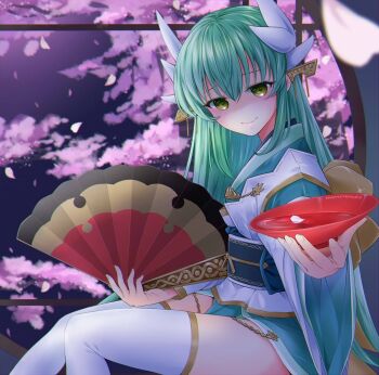 1girl alcohol blurry blurry_background cherry_blossoms closed_mouth cup dragon_girl dragon_horns falling_petals fate/grand_order fate_(series) folding_fan gold_trim green_eyes green_hair green_kimono hair_between_eyes hair_ornament hanami hand_fan holding holding_fan horns japanese_clothes kimono kiyohime_(fate) kiyohime_(second_ascension)_(fate) multiple_horns nemuko_ofuton night night_sky petals pink_petals sakazuki sky smile solo thighhighs white_thighhighs wine
