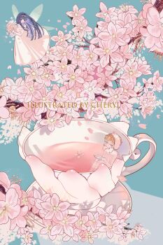 2girls absurdres aqua_background artist_name bare_arms bare_shoulders black_hairband blunt_bangs blunt_ends blush bouquet branch brown_hair cardcaptor_sakura cherry_blossoms cheryl_qaq closed_eyes closed_mouth cup daidouji_tomoyo dress fairy fairy_wings falling_petals flower flying full_body hairband highres holding holding_bouquet in_container in_cup kinomoto_sakura long_dress long_hair making-of_available mini_person minigirl multiple_girls petals pink_flower pleated_dress purple_hair short_hair_with_long_locks sleeveless sleeveless_dress smile straight_hair strapless strapless_dress sundress tea towel towel_on_head transparent_wings very_long_hair watermark white_dress wings