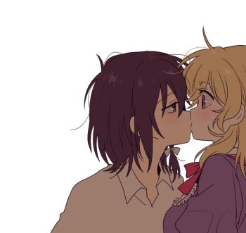 Rule 34 | 2girls, blonde hair, blush, bow, bowtie, brown eyes, brown hair, collared shirt, dress, frilled dress, frills, hair between eyes, hair bow, kiss, looking at another, maribel hearn, medium hair, multicolored eyes, multiple girls, no headwear, partially unbuttoned, purple dress, purple eyes, re ghotion, red bow, red bowtie, shirt, short hair, simple background, sweatdrop, touhou, two-tone eyes, unkempt, usami renko, white background, white bow, white shirt, yellow eyes, yuri