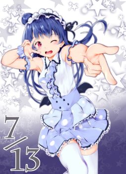 1girl 2019 absurdres apron aqua_dress aqua_neckwear aqua_skirt arm_garter bare_shoulders black_wings blue_corset blue_dress blue_hair blue_neckwear blue_skirt blush buttons collared_dress corset dated dress earrings female_focus frilled_dress frills hair_bun hayaoki_(asagi-iro_seishun-bu) highres jewelry long_hair looking_at_viewer love_live! love_live!_school_idol_festival love_live!_sunshine!! maid maid_apron maid_headdress miniskirt nail_(hardware) nail_polish neckwear_request omoi_yo_hitotsu_ni_nare one_eye_closed pink_nails plaid_clothes plaid_dress plaid_skirt pleated pleated_dress pleated_skirt pointing pointing_at_viewer polka_dot polka_dot_neckwear polka_dot_scrunchie polka_dot_skirt red_eyes scrunchie shirt side_bun single_hair_bun skirt sleeveless sleeveless_dress smile solo song_name star_(symbol) star_symbol_background thighhighs tsushima_yoshiko white_background white_shirt white_thighhighs wings wrist_cuffs wrist_scrunchie