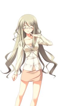 1girl bare_legs breasts brown_dress casual chaos;head clenched_hand closed_eyes collarbone curly_hair dress facing_viewer finger_to_mouth game_cg glasses green_hair hair_ornament hairpin hand_up kusunoki_yua long_hair long_sidelocks long_sleeves matsuo_yukihiro non-web_source official_art round_eyewear science_adventure shirt short_dress sidelocks small_breasts smile sprite sundress transparent_background very_long_hair white_shirt