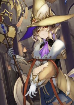 1girl ascot blonde_hair closed_mouth dress duel_masters duel_masters_play&#039;s et8rhw7qrd2kgvm gloves hair_between_eyes hat highres holding holding_wand lumiere_(duel_masters) medium_hair multicolored_hair orange_eyes purple_ascot purple_hair solo two-tone_hair wand white_gloves witch_hat yellow_hat