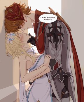 1boy 1girl aitsuwu arm_around_waist bare_shoulders blonde_hair brown_hair dress english_text flower genshin_impact grey_jacket hair_flower hair_ornament hand_on_another's_chin highres jacket looking_at_another lumine_(genshin_impact) mask noses_touching scarf speech_bubble strapless strapless_dress tartaglia_(genshin_impact) white_dress white_scarf yellow_eyes