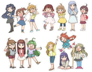 Rule 34 | 6+girls, :d, ^ ^, ahoge, apple, art brush, black hair, black skirt, blonde hair, blue hair, blue shirt, blue shorts, blue skirt, brown hair, closed eyes, commentary request, crossed arms, double w, dress, floating hair, food, frilled skirt, frills, fruit, giant brush, green hair, grey shirt, grin, hairband, hand up, handa roco, headphones, headphones around neck, highres, holding, holding food, holding fruit, ibuki tsubasa, idolmaster, idolmaster million live!, idolmaster million live! theater days, jacket, kasuga mirai, kinoshita hinata, long hair, looking at viewer, mochizuki anna, mogami shizuka, momose rio, multiple girls, nonohara akane, ogami tamaki, one eye closed, one side up, open clothes, open jacket, open mouth, orange hair, paintbrush, pink shirt, purple hair, purple shirt, shimabara elena, shiraishi tsumugi, shirt, short hair, shorts, simple background, sitting, skirt, smile, standing, suou momoko, tanaka kotoha, tokoro megumi, tsubobot, twintails, w, white background, white dress, white jacket, yellow dress