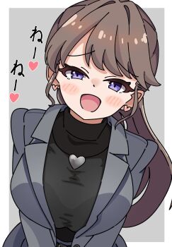 Rule 34 | 1girl, :d, black sweater, blush, blush stickers, border, breasts, brown hair, commentary request, earrings, fujishima megumi, fujishima megumi (post-graduation), grey background, grey jacket, hair intakes, heart, heart earrings, heart necklace, highres, jacket, jewelry, large breasts, link! like! love live!, long hair, looking at viewer, love live!, necklace, open clothes, open jacket, open mouth, outside border, ponytail, raised inner eyebrows, sidelocks, simple background, smile, solo, spoken heart, suit jacket, sweater, tange murasaki, turtleneck, turtleneck sweater, virtual youtuber, white border