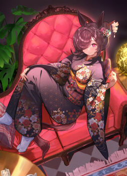 Rule 34 | 1girl, animal ears, blush, breasts, brown hair, closed mouth, commentary, floral print, floral print kimono, hair bun, hair ornament, hair over one eye, highres, horse ears, horse girl, horse tail, japanese clothes, kimono, knees up, long hair, long sleeves, looking at viewer, medium breasts, no shoes, obi, print kimono, purple eyes, rice shower (umamusume), sash, sitting, smile, socks, solo, tail, umamusume, white socks, wide sleeves, yomean!