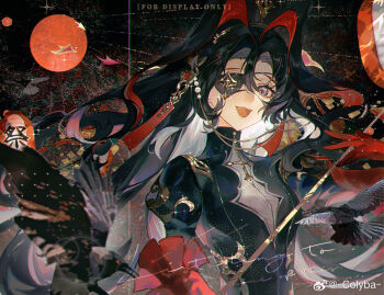 Rule 34 | 1girl, :d, bird, black background, black dress, black hair, chinese commentary, cleavage cutout, clothing cutout, colored inner hair, colyba, commentary request, cross brooch, crow, curtained hair, dress, eyepatch, fangs, gloves, grey eyes, hair between eyes, hair intakes, hand on blade, highres, holding, holding sword, holding weapon, juliet sleeves, lantern, layered sleeves, light particles, long sleeves, looking at viewer, multicolored hair, one eye covered, open mouth, original, paper lantern, pearl hair ornament, puffy sleeves, red gloves, red hair, red pupils, red ribbon, red sleeves, ribbon, see-through cleavage, see-through clothes, smile, solo, sun, sunburst, sword, teeth, turtleneck, turtleneck dress, upper body, upper teeth only, watermark, wavy hair, weapon, weibo watermark