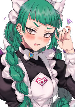 1girl apron blush bow bowtie braid brown_eyes commentary_request earrings fangs green_hair hand_up highres jewelry kayanogura lebanne_(pokemon) long_hair long_sleeves looking_at_viewer nintendo notice_lines open_mouth pokemon pokemon_legends:_z-a puffy_sleeves simple_background solo squiggle tongue upper_body wavy_eyes white_apron white_background white_bow white_bowtie