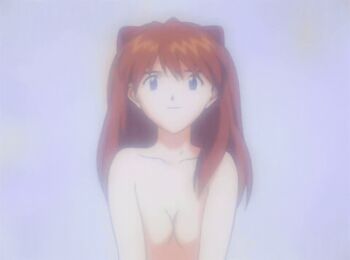 Rule 34 | 1girl, animated, animated gif, anime screenshot, blinking, blue eyes, collarbone, hair ornament, interface headset (evangelion), looking at viewer, neon genesis evangelion, no nipples, nude, orange hair, smile, solo, souryuu asuka langley