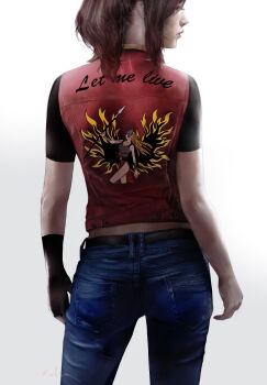 Rule 34 | 1girl, ass, brown hair, claire redfield, commentary, denim, english commentary, from behind, highres, jacket, jeans, lips, momokulala, pants, ponytail, resident evil, resident evil - code: veronica, solo