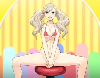 1girl akisora areola_slip bikini bikini_top_only blonde_hair blue_eyes bottomless breasts breasts_squeezed_together cleavage covering_crotch covering_privates earrings hair_ornament hairclip highres jewelry large_breasts long_hair looking_at_viewer micro_bikini navel nipple_slip nipples parted_lips persona persona_5 raised_eyebrows red_bikini sitting smile solo spread_legs stomach stool stud_earrings swimsuit takamaki_anne thighs twintails