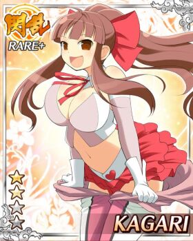 1girl blunt_bangs boots breasts card_(medium) cleavage crop_top detached_collar elbow_gloves frilled_skirt frills game_cg gloves hair_ribbon high_ponytail highres kagari_(senran_kagura) large_breasts long_hair looking_at_viewer neck_ribbon non-web_source official_alternate_costume official_art open_mouth ponytail red_boots red_eyes red_hair red_ribbon red_skirt ribbon senran_kagura senran_kagura_new_wave sidelocks skirt smile solo white_gloves