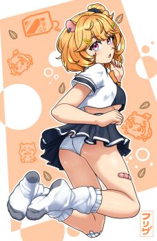 Rule 34 | 1girl, animal ears, ass, bandaid, bandaid on leg, black scrunchie, black shirt, black skirt, bow, breasts, crop top, efreezerarts, eimi isami, hamster ears, hamster girl, hand on own chin, highres, looking back, microwave, one side up, orange background, orange bow, orange hair, panties, phase connect, pink eyes, scrunchie, seed, shirt, short hair, skirt, socks, sunflower seed, two-tone shirt, underboob, underwear, virtual youtuber, white background, white panties, white shirt, white socks