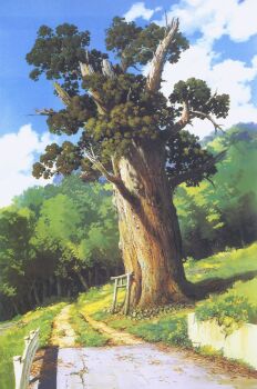 blue_sky cloud day forest grass highres nature no_humans official_art oga_kazuo outdoors painting_(medium) path road scan scenery sen_to_chihiro_no_kamikakushi sky third-party_source traditional_media tree