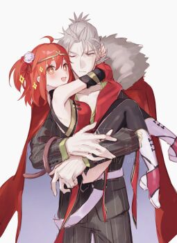 Rule 34 | 1boy, 1girl, breasts, carrying, carrying person, chinese clothes, coat, coat on shoulders, fate/grand order, fate (series), flower, fomnant, formal clothes, fujimaru ritsuka (female), fujimaru ritsuka (female) (the three great heroes), fur-trimmed coat, fur trim, grey eyes, grey hair, hair flower, hair ornament, highres, holding, jacket, looking at viewer, medium breasts, monkey tail, official alternate costume, orange hair, pants, pinstripe jacket, pinstripe pants, pinstripe pattern, pinstripe suit, ponytail, red coat, shirt, short hair, smile, suit, tail, takeda shingen (fate), takeda shingen (first ascension) (fate), thighhighs, two-sided coat, two-sided fabric