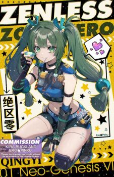 Rule 34 | 1girl, android, black gloves, black shorts, black sleeves, bowl, breasts, closed mouth, commission, crop top, ero pinku, gloves, green eyes, green hair, hair ornament, heart, holding, holding bowl, long hair, looking at viewer, midriff, mouth hold, navel, pixel heart, qingyi (zenless zone zero), shorts, simple background, solo, sphere hair ornament, twintails, zenless zone zero