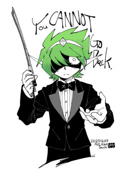 1boy aizawa_sachi alternate_costume artist_name bow bow_(weapon) bowtie captain_spaceboy closed_mouth commentary_request dated english_text frown green_hair greyscale hair_over_one_eye holding holding_bow_(weapon) holding_weapon long_sleeves looking_at_viewer male_focus monochrome omori short_hair simple_background solo split_mouth spot_color tuxedo upper_body weapon