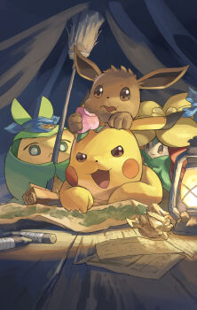 berry_(pokemon) broom brown_eyes brown_fur eating eevee gen_1_pokemon gen_5_pokemon gen_8_pokemon gossifleur highres holding holding_broom lantern map nintendo no_humans open_mouth pecha_berry pokemon pokemon_(creature) swadloon wooden_floor yamaori_(hakkentai_pokedan) yellow_fur