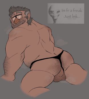 Rule 34 | 1boy, ass, bara, bikini briefs, breath, cropped legs, english text, fat, fat man, from behind, glasses, gravity falls, hairy, highres, looking back, male focus, male underwear, mature male, muscular, muscular male, old, old man, solo, sparse leg hair, grunkle stan, testicle hair, thick arm hair, thick ass hair, thick navel hair, underwear, zillabowzer09