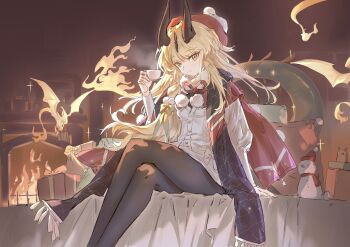 Rule 34 | 1girl, absurdres, arknights, black pantyhose, black scarf, blonde hair, bow, cloak, closed mouth, commentary request, crossed legs, cup, dress, feet out of frame, fire, flame-tipped tail, hair bow, hair ornament, hat, highres, holding, holding cup, horns, long hair, long sleeves, long tail, looking at viewer, official alternate costume, pantyhose, red cloak, reed (arknights), reed the flame shadow (arknights), reed the flame shadow (glowing flame in the night) (arknights), ribbon, sao7, scarf, sitting, smile, solo, tail, white dress