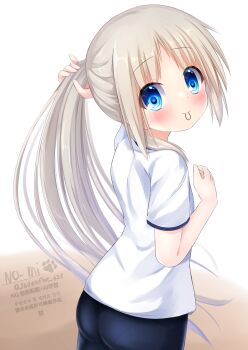 Rule 34 | 1girl, artist name, ass, black shorts, blue eyes, blush, closed mouth, cowboy shot, from behind, grey hair, highres, kudpoid (71139), little busters!, looking at viewer, looking back, mouth hold, noumi kudryavka, pantylines, shirt, short shorts, short sleeves, shorts, smile, solo, standing, tying hair, white shirt