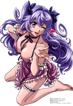 1girl ;d absurdres anime_coloring armpit_crease assassin_dearu_ore_no_status_ga_yuusha_yori_mo_akiraka_ni_tsuyoi_nodaga barefoot bow breasts cleavage collarbone copyright_name copyright_notice fang frilled_thigh_strap frills from_above hair_bow heart highres kneeling large_breasts latticenail lingerie long_hair looking_at_viewer looking_up magazine_scan megami_magazine neck_ribbon negligee official_art okada_hirona one_eye_closed open_mouth pink_negligee purple_eyes purple_hair ribbon scan shiny_skin simple_background smile solo thigh_strap two_side_up underwear white_background
