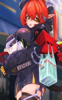 1girl 2days_wotori absurdres anby_demara black_hat black_horns box breasts cowboy_shot curled_horns dragon_girl dragon_horns dress figure gloves green_eyes hair_between_eyes hat highres holding holding_box horns large_breasts long_hair looking_at_another magus_(zenless_zone_zero) mechanical_horns mechanical_tail open_mouth orange_hair orange_pupils orphie_magnusson outdoors pointy_ears tail thighhighs yellow_gloves zenless_zone_zero zipper_dress