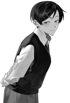 1girl aa_kabeuchi arms_behind_back blush collared_shirt cowboy_shot futsuu_no_keion-bu hair_ornament hairpin highres kouyama_rin leaning_forward light_smile long_sleeves looking_to_the_side parted_bangs pixie_cut school_uniform shirt short_hair skirt solo sweater_vest