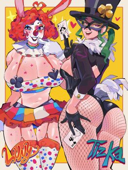 2girls absurdres ahoge animal_ears ass black_gloves black_leotard blue_eyes breasts buck_teeth card clover clover_ornament clown collar commentary diforland dress english_commentary english_text eye_mask facepaint feathered_collar feathers fishnets frilled_collar frills gloves green_hair hat heart hearts_(playing_card) highres holding holding_card large_breasts leotard lipstick looking_at_viewer luny_(diforland) magician makeup mask medium_breasts medium_hair multicolored_skirt multiple_girls open_mouth original playing_card polka_dot polka_dot_dress polka_dot_leggings ponytail purple_eyes rabbit_ears rabbit_girl red_garter_straps short_hair skirt sleeve_cuffs smile sparkle sparkling_eyes tattoo teeth tizka_(diforland) top_hat white_gloves yellow_background