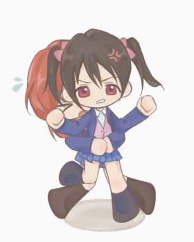 Rule 34 | 2girls, angry, black hair, black shoes, blue jacket, blue skirt, bow, chibi, chibi only, clenched hands, closed eyes, collared shirt, commentary request, hair bow, highres, holding another's waist, jacket, korean commentary, long sleeves, looking at viewer, love live!, love live! school idol project, medium hair, multiple girls, nishikino maki, open clothes, open jacket, open mouth, otonokizaka school uniform, pink bow, pleated skirt, red eyes, red hair, school uniform, shade, shirt, shoes, short twintails, skirt, suruiso, teeth, twintails, white background, white shirt, yazawa nico