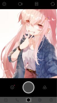 1girl blue_shirt closed_mouth commentary_request expressionless fake_screenshot fingernails gingham_shirt hata_no_kokoro long_hair long_sleeves looking_at_viewer one-hour_drawing_challenge open_clothes open_shirt pink_eyes pink_hair pink_skirt selfie shinjitsu_no_kuchi shirt simple_background skirt solo touhou undershirt upper_body v v_over_mouth very_long_hair white_background white_shirt