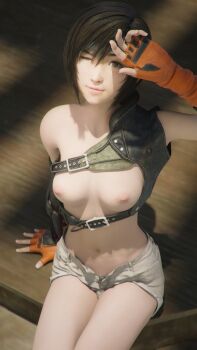 1girl 3d absurdres arm_up belt breasts brown_eyes buckle closed_mouth eyelashes female_focus final_fantasy final_fantasy_vii final_fantasy_vii_remake fingerless_gloves gloves highres kallenz legs navel nipples one_eye_closed short_hair shorts sitting small_breasts solo square_enix stomach thighs unbuttoned open_fly yuffie_kisaragi