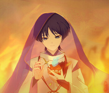 Rule 34 | 1boy, absurdres, armor, black hair, blood, blood drip, blood on hands, blue eyes, blue fire, blue pupils, blunt ends, christianity, closed mouth, eyeliner, eyeshadow, fiery background, fine art parody, fire, flower, genshin impact, hands up, heart (organ), highres, holding heart (organ), hole in chest, hole on body, impaled, japanese armor, japanese clothes, kariginu, kimono, kote, kurokote, layered sleeves, long sleeves, makeup, male focus, orange background, parody, purple kimono, purple sleeves, purple veil, red eyeliner, red eyeshadow, rose, sacred heart of jesus, scaramouche (genshin impact), scaramouche (kabukimono) (genshin impact), see-through clothes, see-through veil, shixinfeng, smile, solo, string, sword, translation request, upper body, veil, weapon, white flower, white rose, white sleeves, wide sleeves