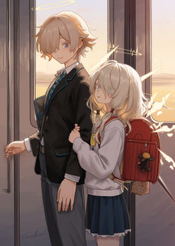 1boy 1girl absurdres arknights arm_hug backpack bag blue_eyes blue_skirt cecelia_(arknights) child commentary_request detached_wings energy_wings enforcer_(arknights) hair_over_one_eye hair_tubes halo highres long_hair necktie pleated_skirt randoseru red_bag shirt skirt welt_(kinsei_koutenkyoku) white_hair white_shirt wings