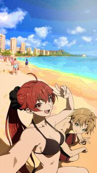 1boy 1girl absurdres ahoge arm_up bad_tag beach bikini black_bikini blue_sky building cloud eris_greyrat green_eyes hair_ornament hair_scrunchie hawaii highres looking_at_another mushoku_tensei nyus0721 open_mouth real_world_location red_eyes red_hair rudeus_greyrat scrunchie sky smile swimsuit v