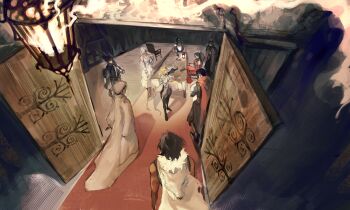 absurdres annotation_request beastmaster_(shadow_slave) carpet character_request commentary commission dress english_commentary from_above fur_collar gender_request hand_up hel_(shadow_slave) highres holding holding_sword holding_weapon hood hoodie lantern logicsterrr lonesome_howl long_hair moonveil_(shadow_slave) mordret_(shadow_slave) open_door original outstretched_arm over_shoulder partially_annotated perspective revel_(shadow_slave) second-party_source seishan shadow shadow_slave silent_stalker sword table tyris_(shadow_slave) walking weapon weapon_over_shoulder white_dress white_hair white_hoodie wooden_door