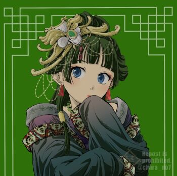 Rule 34 | 1girl, black dress, blue eyes, blunt bangs, chara no7, chinese clothes, crossed arms, dress, earrings, eyeshadow, green background, green hair, hair over shoulder, hair tubes, half updo, hand to own mouth, headpiece, highres, jewelry, kusuriya no hitorigoto, light blush, long hair, looking at viewer, makeup, maomao (kusuriya no hitorigoto), pink eyeshadow, sleeves past fingers, sleeves past wrists, solo, tassel, tassel earrings, twitter username