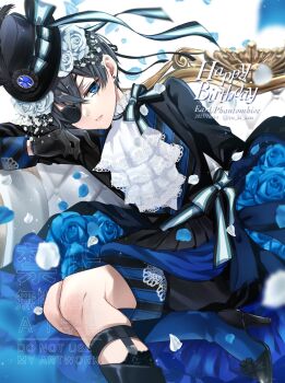 Rule 34 | 1boy, ascot, black boots, black gloves, black hair, black jacket, black shoes, black socks, blue boots, blue eyes, blue flower, blue rose, boots, bow, bowtie, character name, ciel phantomhive, commentary request, crossed bangs, dated, earrings, eyepatch, flower, foot out of frame, furrowed brow, gloves, grey hair, hair between eyes, hair flower, hair ornament, happy birthday, hat, high heel boots, high heels, highres, jacket, jewelry, kuroshitsuji, male focus, multicolored boots, parted lips, rose, shoes, single earring, socks, solo, top hat, twintails, two-tone boots, white ascot, white flower, white rose, yu ki koo