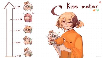 3girls anger_vein blush brown_hair brown_streaks cecilia_immergreen character_doll closed_mouth commentary doll dotted_background english_commentary expressionless fang gigi_murin green_eyes green_streaks heart highres holding holding_doll hololive hololive_english kiss_meter_(meme) long_hair meme mole mole_under_eye mori_calliope multiple_girls orange_shirt pink_eyes pink_hair shirt short_hair short_twintails smile sticker_sr twintails virtual_youtuber white_hair winding_key